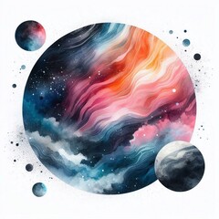 Colorful Cosmic Planets Painted with Watercolor. AI generated illustration