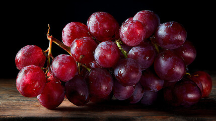 Fototapeta premium Single Bunch Of Red Globe Grapes On Wood Surface With Strong Light-Shadow Texture In Chile