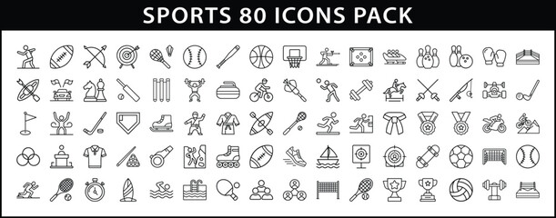 Sports Icon Set Featuring Line Art Illustrations for Various Sporting Activities