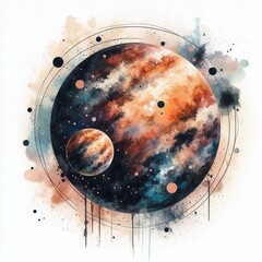 Colorful Cosmic Planets Painted with Watercolor. AI generated illustration