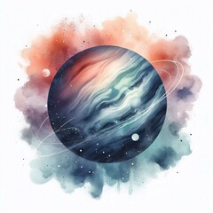 Minimal Watercolor Planet Set on Clean White. AI generated illustration