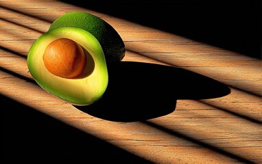 Avocado on wooden surface with dramatic lighting and hard shadows. Generative Ai