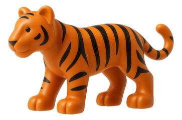 Fototapeta premium Orange toy tiger with black stripes in a playful pose featuring rounded shapes and simple details on transparent background.