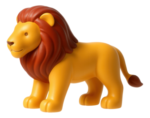 Cartoon-style lion figurine with a brown mane and yellow body, standing proudly on transparent background.