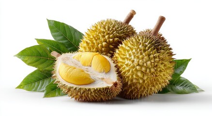 Fresh durian fruits pile with one open and half-cut, showcasing natural texture, yellow spines, soft pink interior, surrounded by green leaves, isolated on white background, high-resolution organic be