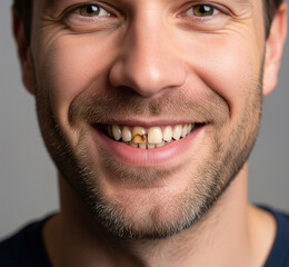A man of Caucasian appearance smiles with a damaged yellow tooth and light stubble. Focus on the teeth. Dental problems, dead teeth, enamel whitening, aesthetic restoration, body positive.