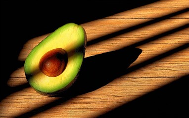 Avocado on wooden surface with dramatic lighting and hard shadows. Generative Ai