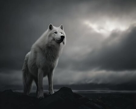Majestic white wolf on a dark cliff against a stormy sky.