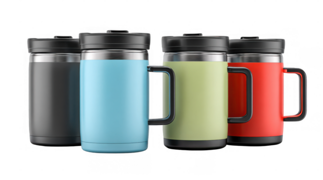 Four colorful insulated mugs with lids and handles stand on a transparent background, ready for travel or outdoor adventures, showcasing a sleek and modern design