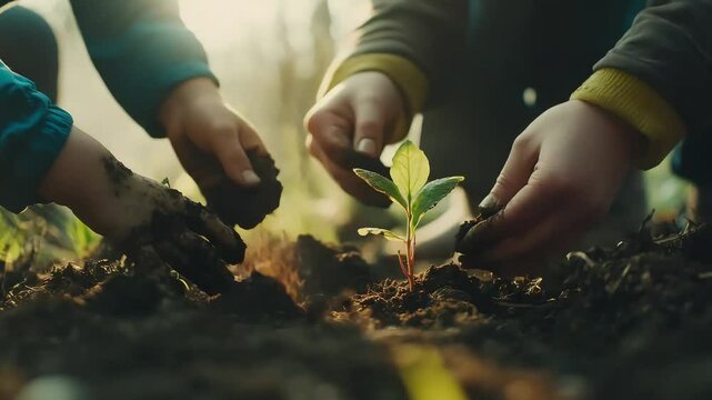 Close-up of a child&rsquo;s hands planting a seedling into soil, symbolizing nurturing nature