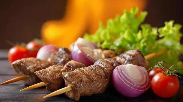 Juicy beef kebabs are sizzling on skewers with vibrant onions and tomatoes. The warm, dark background highlights the appetizing food arrangement. Concept of gastronomy, culinary arts, catering