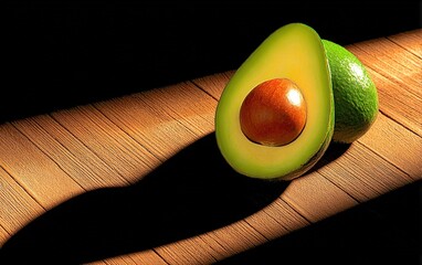 Avocado on wooden surface with dramatic lighting and hard shadows. Generative Ai