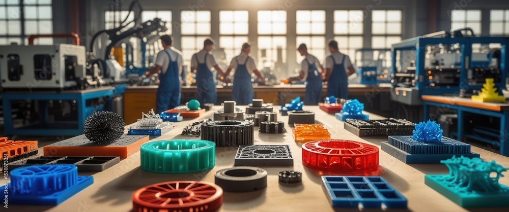 Aufkleber 3d printed objects displayed on a table in a workshop with workers in the background