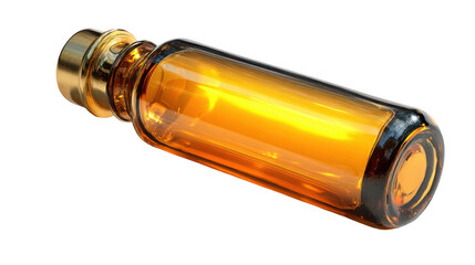 Sleek glass bottle with a golden cap reflecting warm rays of the setting sun, creating a luxurious atmosphere on a transparent background, ideal for beauty or wellness products