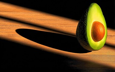 Avocado on wooden surface with dramatic lighting and hard shadows. Generative Ai