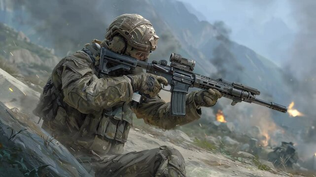 Soldier in camouflage focusing on target while sitting on rocky terrain. Intense atmosphere with smoke and distant explosions. Concept of military, armed forces, defense industry
