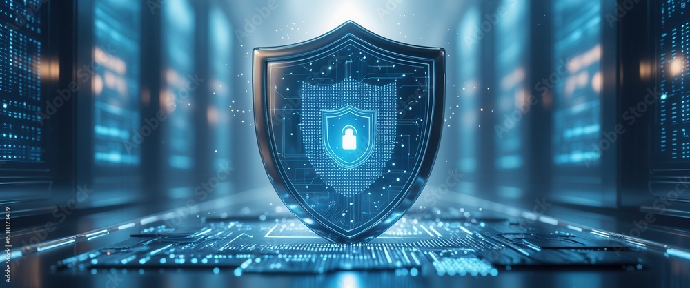 Poster digital shield with padlock icon representing cybersecurity in a futuristic server room environment