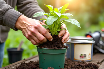 Home gardening. Transplanting flowers into a pot outdoors in the garden