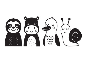 Black and White Cute Animal Clipart – Sloth, Hippo, Bird, Snail