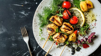 Grilled chicken skewers with fresh vegetables and lemon on a textured plate