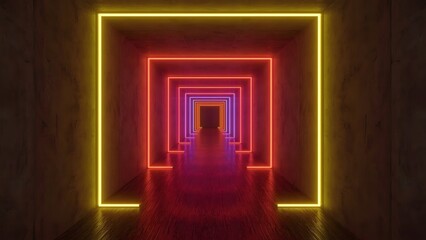 Abstract high tech hallway with glowing neon rectangles
