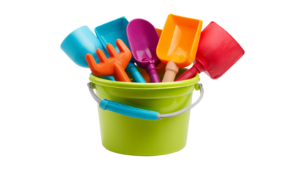 Colorful beach toys set in green bucket for summer fun