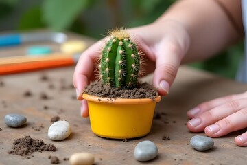 cactus in a small pot, transplanting, concept gardening