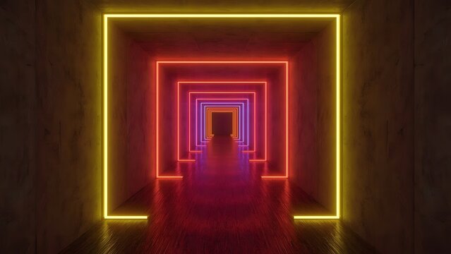 Abstract high tech hallway with glowing neon rectangles