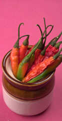 Fresh long Indian green and red chillies on beautiful background. Organic Indian spices for hot and spicy cuisine. 