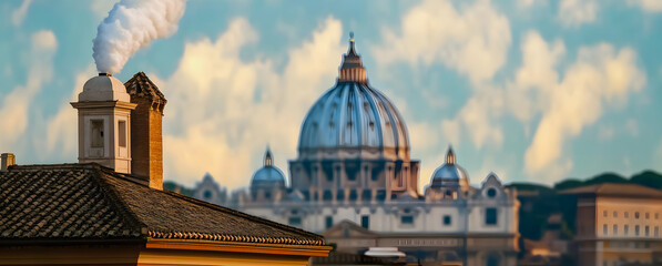 Vatican rooftop chimney emitting white smoke signaling papal election, blurred St. Peter's Basilica background. Catholicism, conclave, pope symbolic banner
