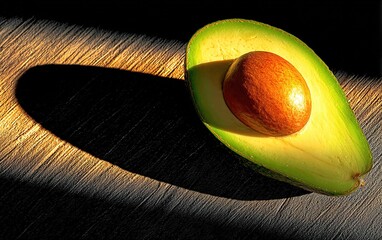 Avocado on wooden surface with dramatic lighting and hard shadows. Generative Ai