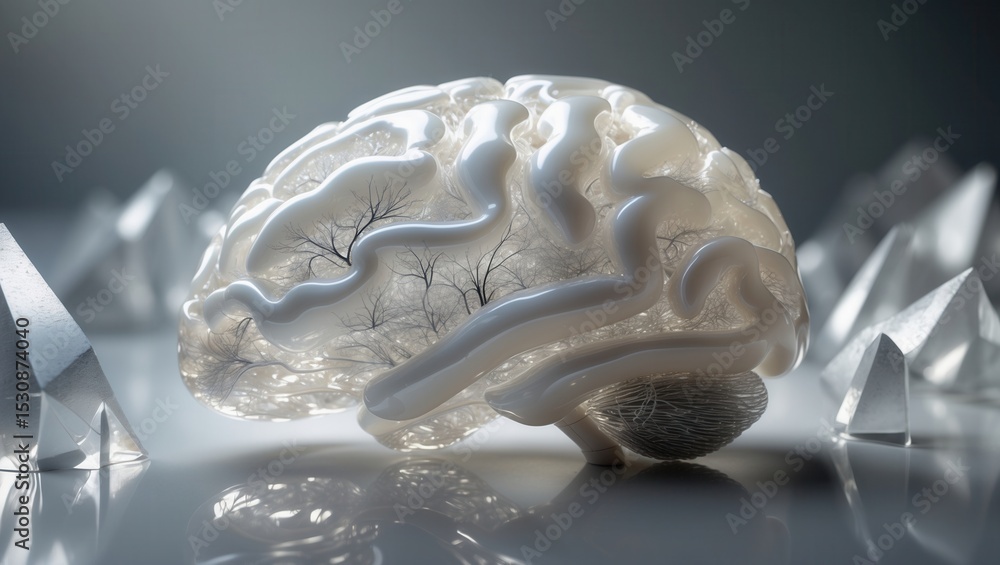 Poster abstract representation of a human brain with tree-like structures and geometric shapes in a futuris