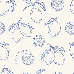 Seamless pattern with lemons. Summer fruit retro design