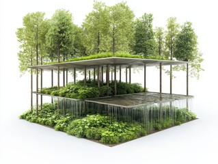 An expanded technical diagram of a rain protection facility in a dense forest, showing sloping canopies, filtered water collection tanks, moss cooling zones, and evaporation reduction devices