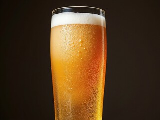 Chilled glass of golden beer with thick foam and condensation, realistic photo style, on a dark background, concept of refreshment and beverage
