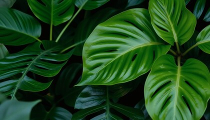 Close-up of bright green leaves of a monstera plant. Top view.