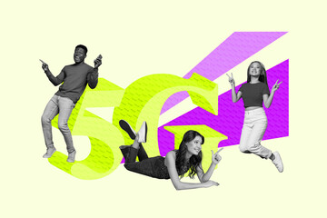 Full 3d zine trend photo collage of happy girl guy stand together 5g connection network fast hotspot free wev zone internet