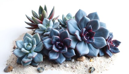 Succulent plants in a vivid array of colors and shapes are grouped together on a bed of pebbles and sand.