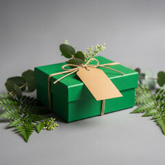 green gift box with ribbon and tag. Green gift box with kraft tag and greenery on grey background. gift box with green leaves.
