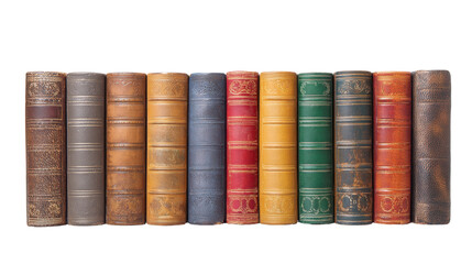 A row of colorful leather-bound books, on a transparent background