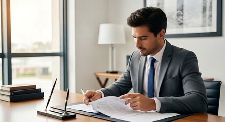 Obraz premium Man in suit reviewing documents at a desk in a bright office