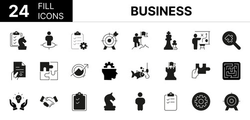 Collection of 24 Business fill icons featuring editable strokes. These outline icons depict various modes of Business, strategy, set, line, team, target, plan, outline, goal, puzzle, thin, people, sol