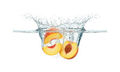 Peach Splash: Capturing the refreshing essence of summer, ripe peach halves plunge into clear water, creating a dynamic splash. A burst of flavor and the promise of refreshment, all in a single.