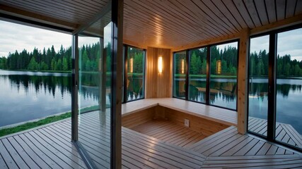 Wooden sauna room with large glass windows overlooking a tranquil lake at sunset, showcasing the smooth opening and closing of sliding doors