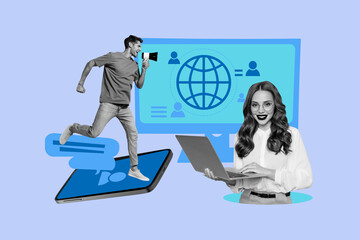 Contemporary image art collage of happy girl guy stand phone screen notification pc monitor web...