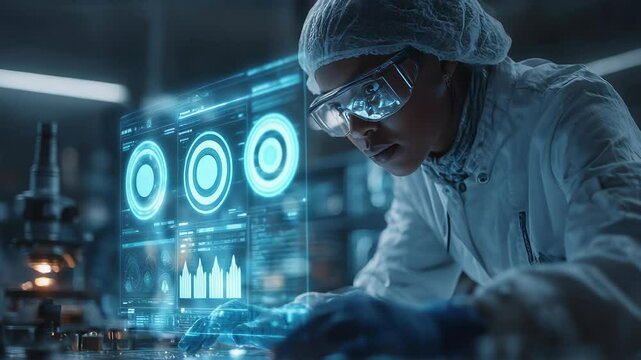 African American Female Scientist Analyzing Data on Holographic Display in Advanced Laboratory, Wearing Protective Gear, Conducting Research