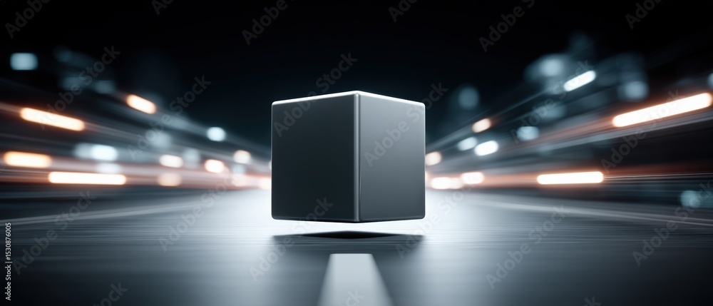 Poster dynamic motion of a floating cube in a futuristic cityscape digital art high-speed environment abstr
