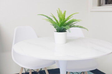 観葉植物の置かれた白のテーブルと椅子