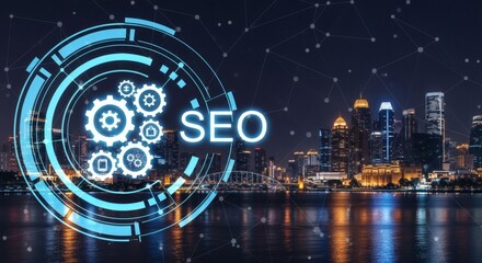 Fototapeta premium SEO gears shine over city skyline Optimization over metropolis.