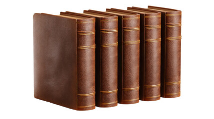 Brown leather books with spines leaning against each other on a transparent backgroud